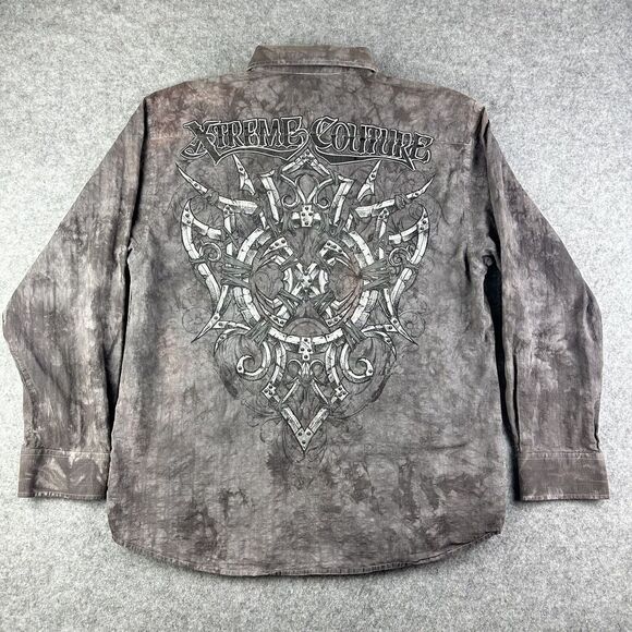 Xtreme Couture Shirt Mens XXL Gray Ombre Graphic Biker MMA Rockabilly Button LS - Picture 1 of 14